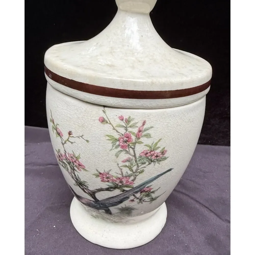 Antique Porcelain Jar & Lid With Bird & Cherry Blossom Tree Marked USA